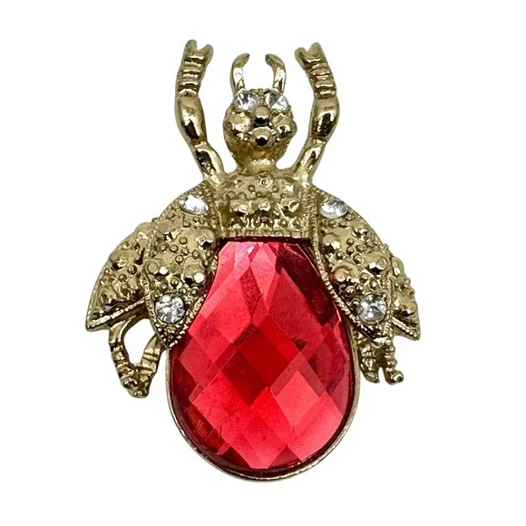 VTG Rhinestone Beetle‎ Brooch Red Jewel Gold Tone Bug Insect Pin Pave Crystal - Picture 4 of 12